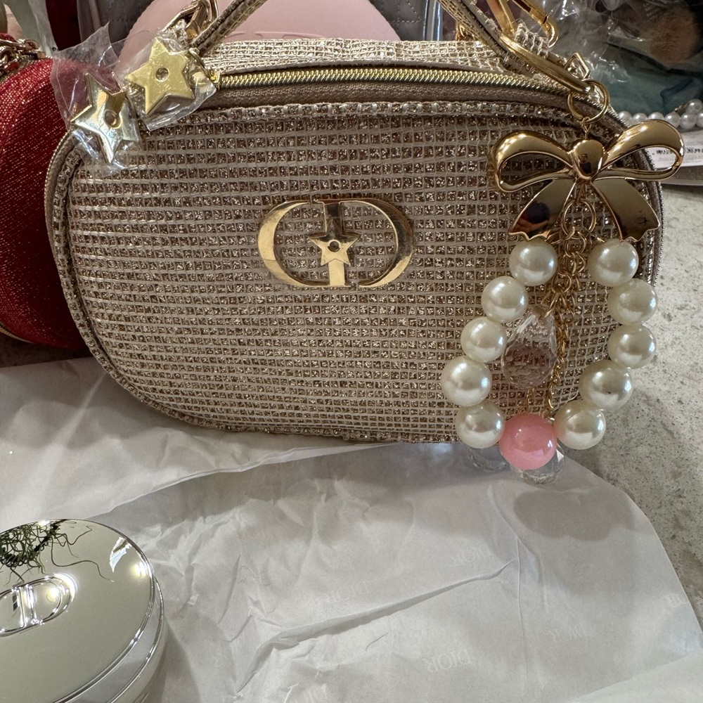 Custom Dior Gold Glitter Pouch Bag with gold strap + Dior Lip Set, Day Cream - Picture 2 of 11